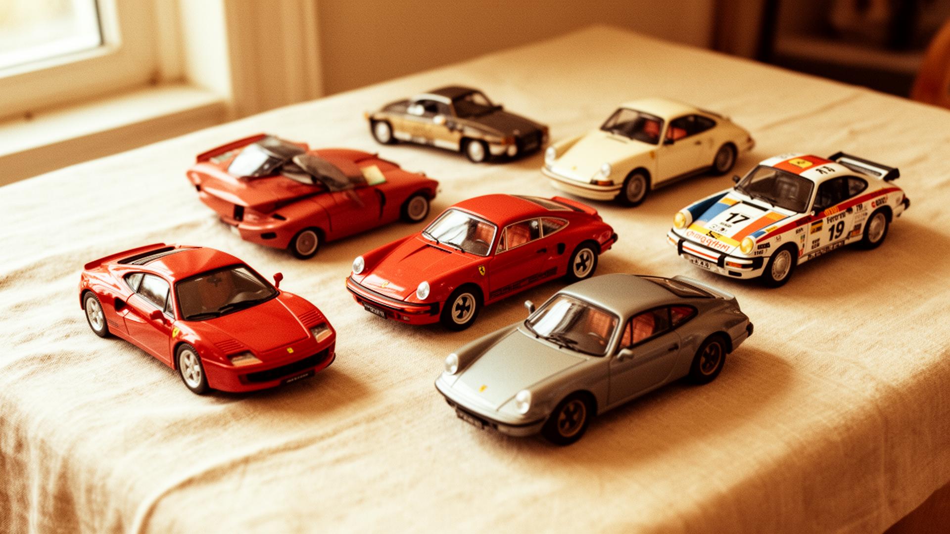 Die-cast model cars on a warm-lit shelf
